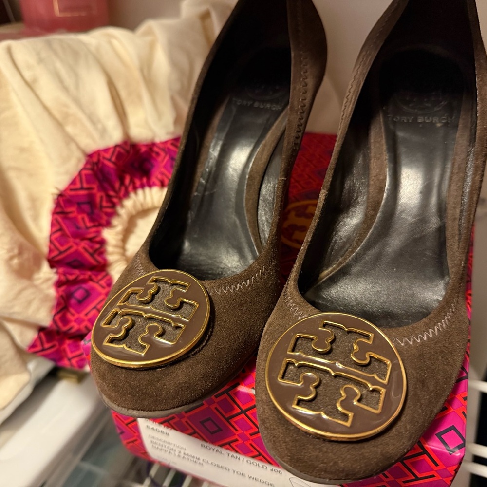 Tory Burch Brown Suede Pumps with Gold Accents